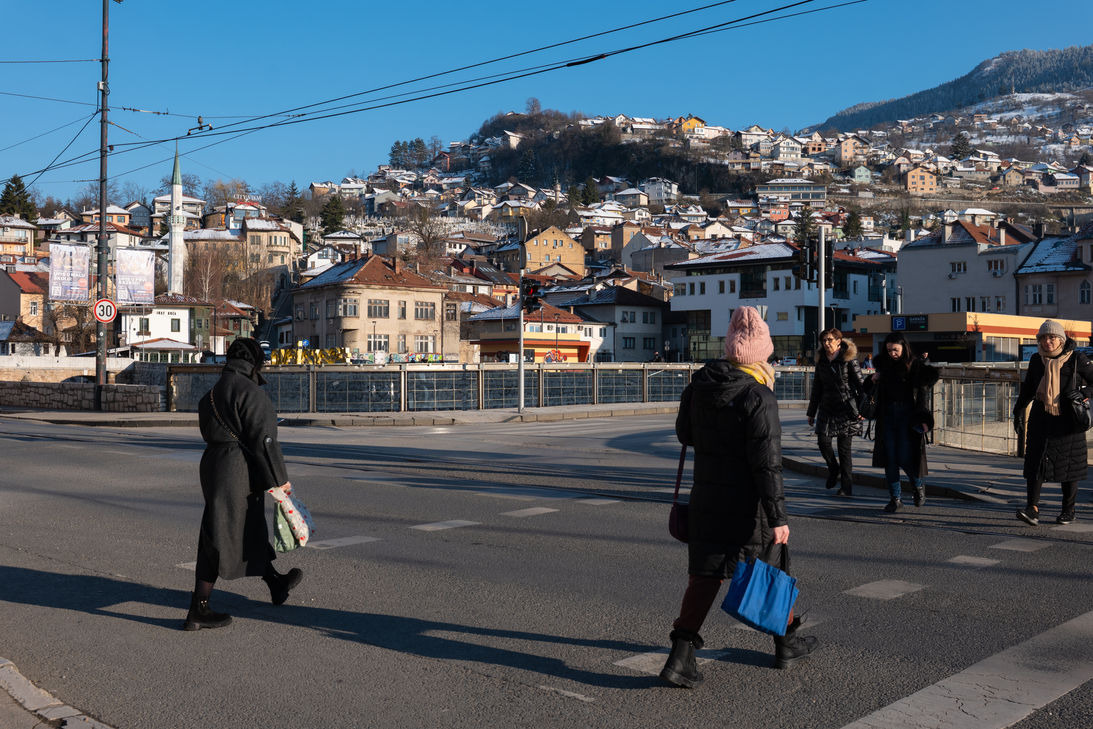 Winter city street crossing